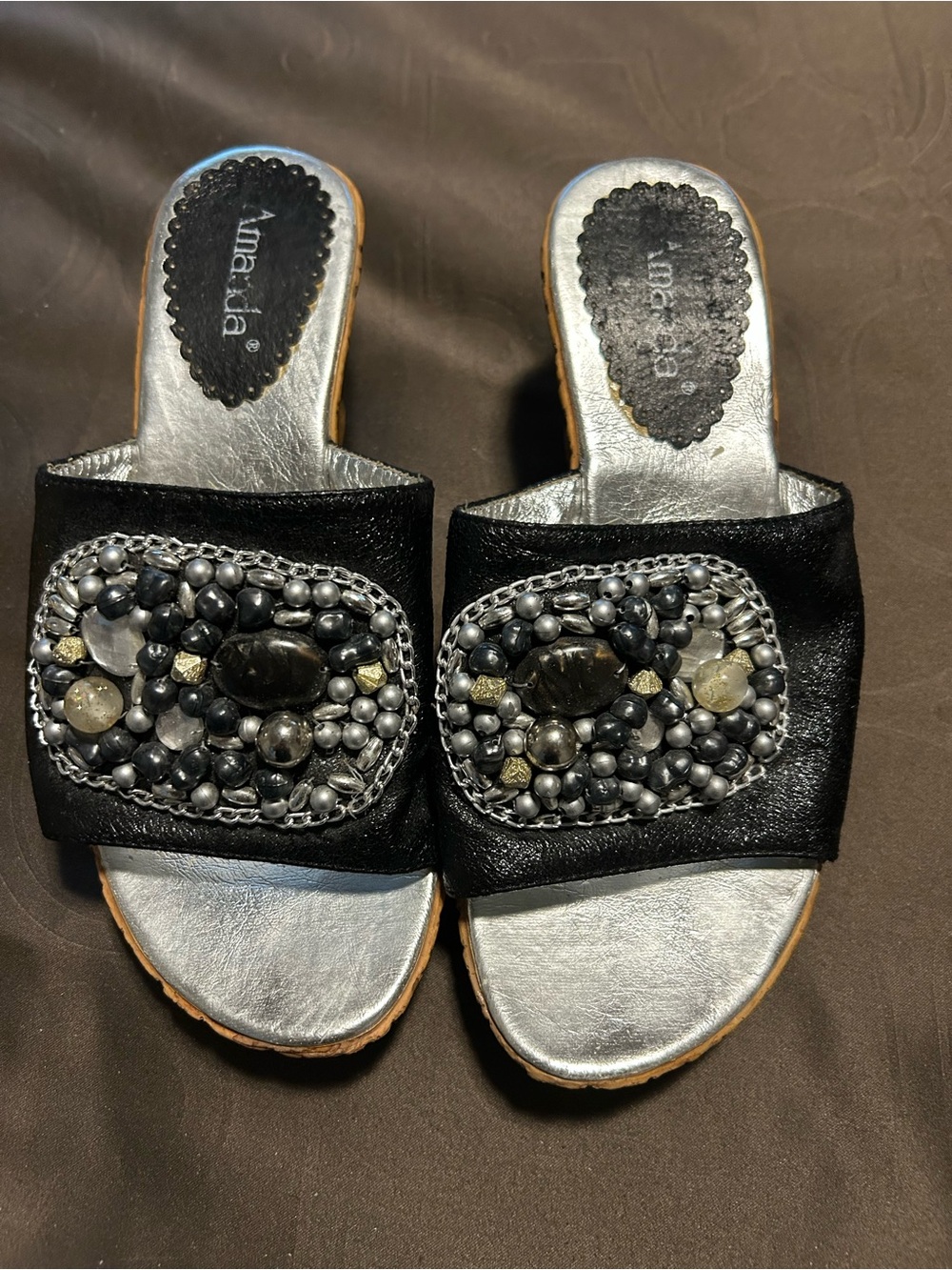 Amanda Black Leather Embellished Slide Sandals